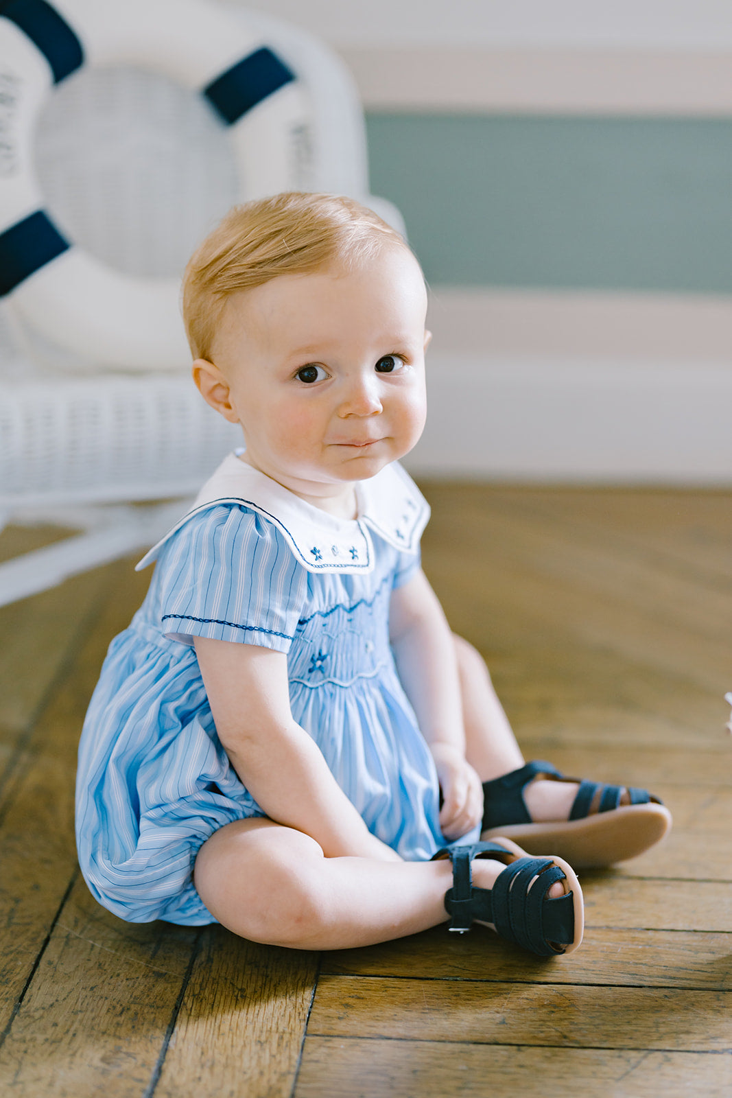 Riviera Blue Stripe Short Sleeve Bubble Romper