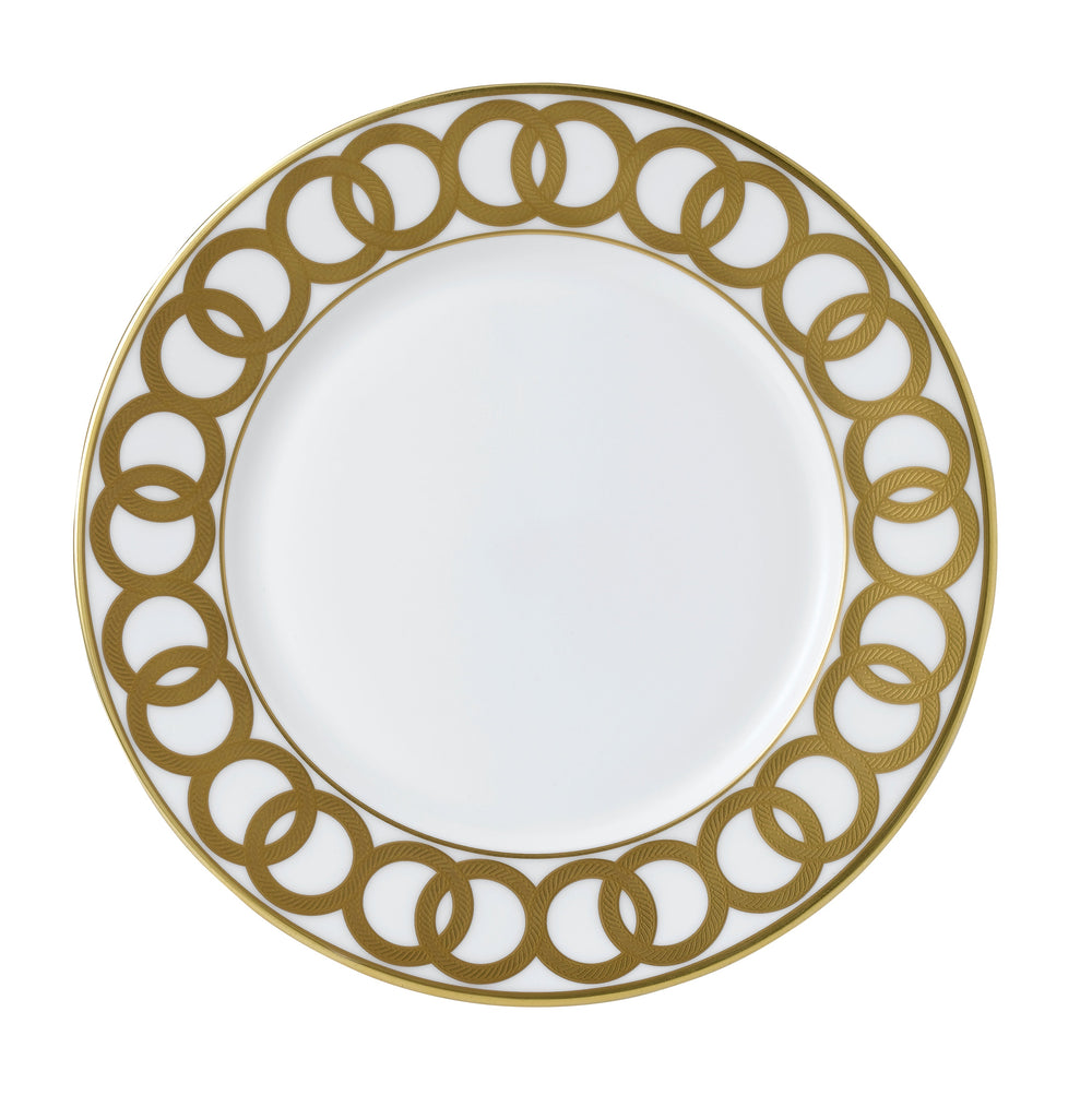 Top view of Riviera Dream dinner plate showing white fine bone china with gold interlocking-ring border on white background