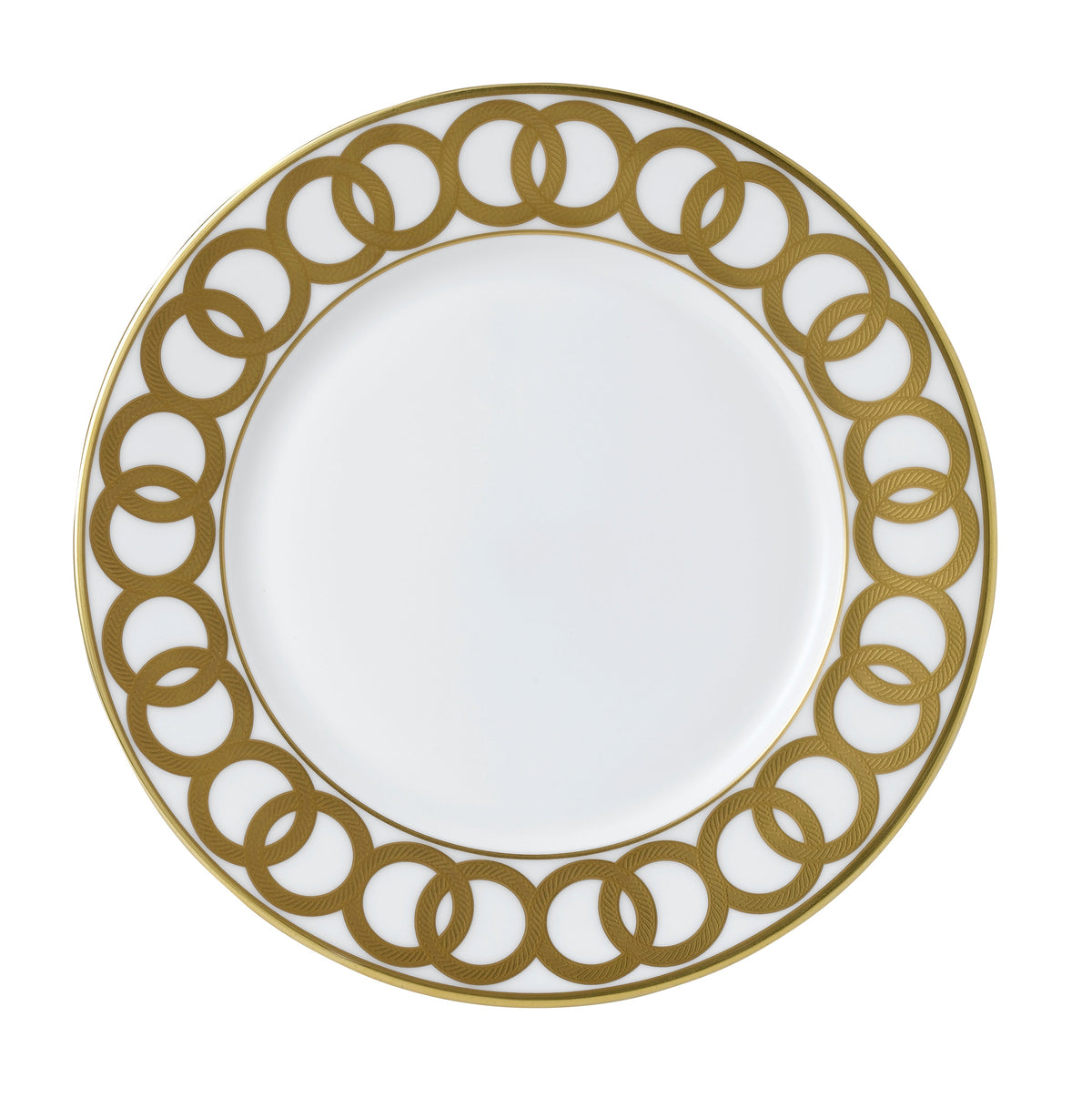 Top view of Riviera Dream dinner plate showing white fine bone china with gold interlocking-ring border on white background