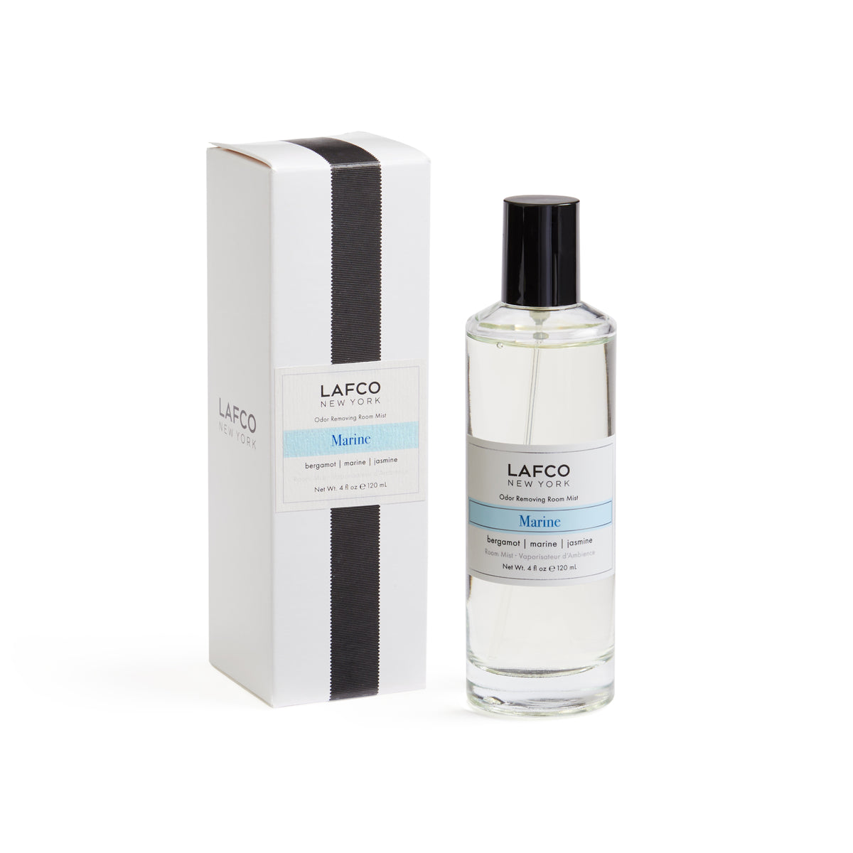 Front view of LAFCO Marine Odor Removing Room Mist showcasing its bottle and box packaging with a white background