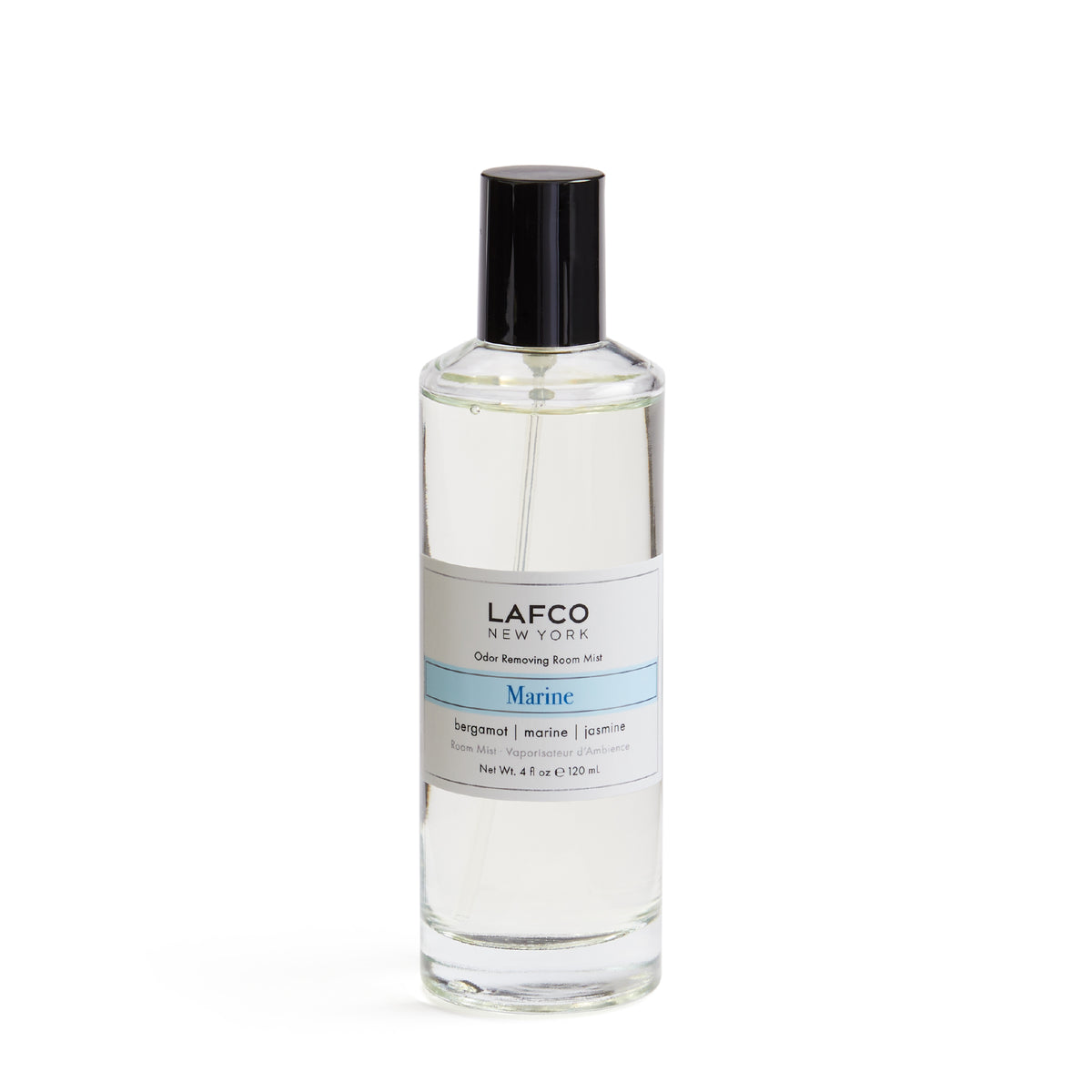 Front view of LAFCO Marine Odor Removing Room Mist, clear bottle with black cap, labeled 4 fl oz 120 mL, white background