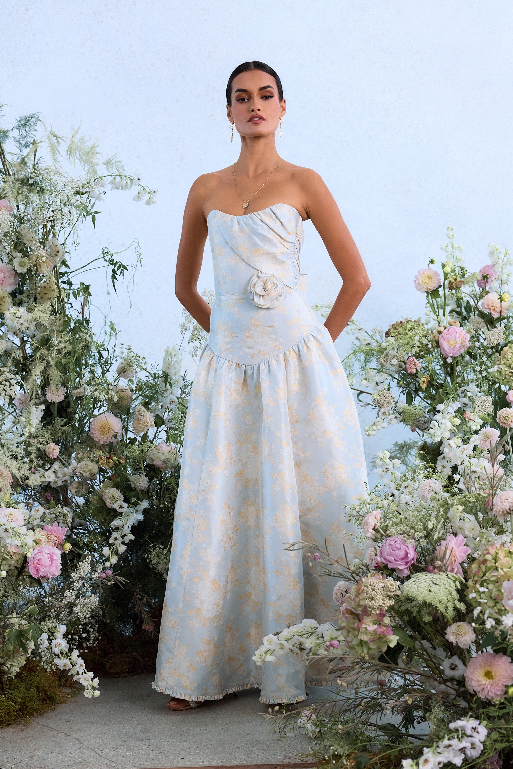 The Rosamund Dress in Sky Windsor Brocade