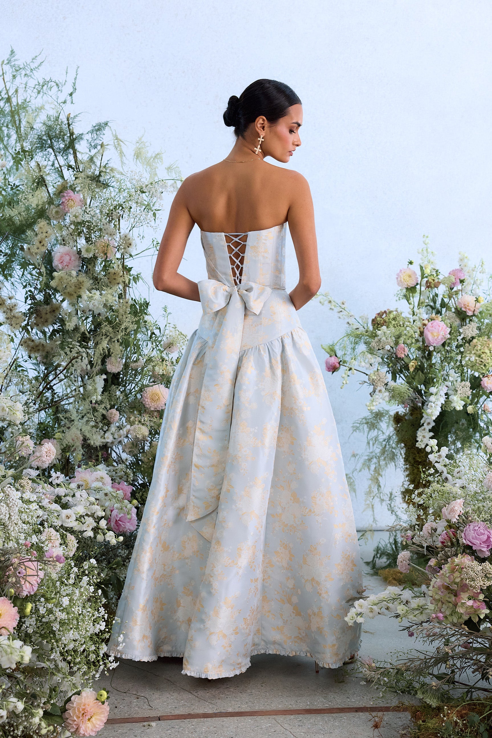The Rosamund Dress in Sky Windsor Brocade | Over The Moon