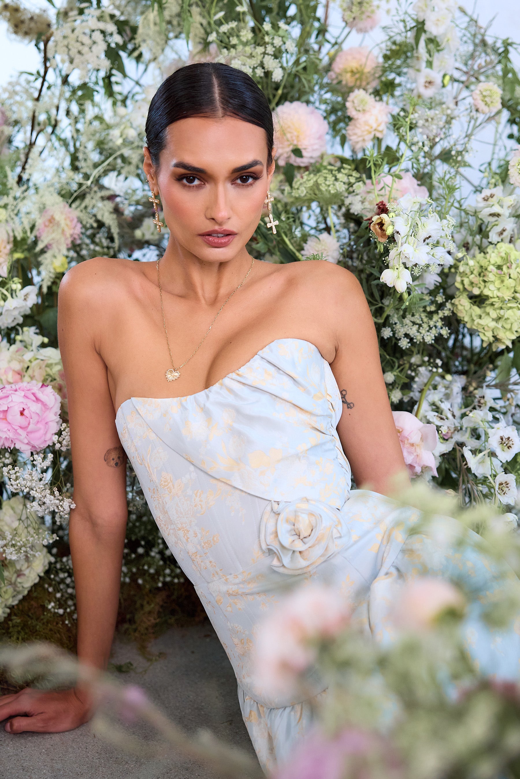 The Rosamund Dress in Sky Windsor Brocade | Over The Moon