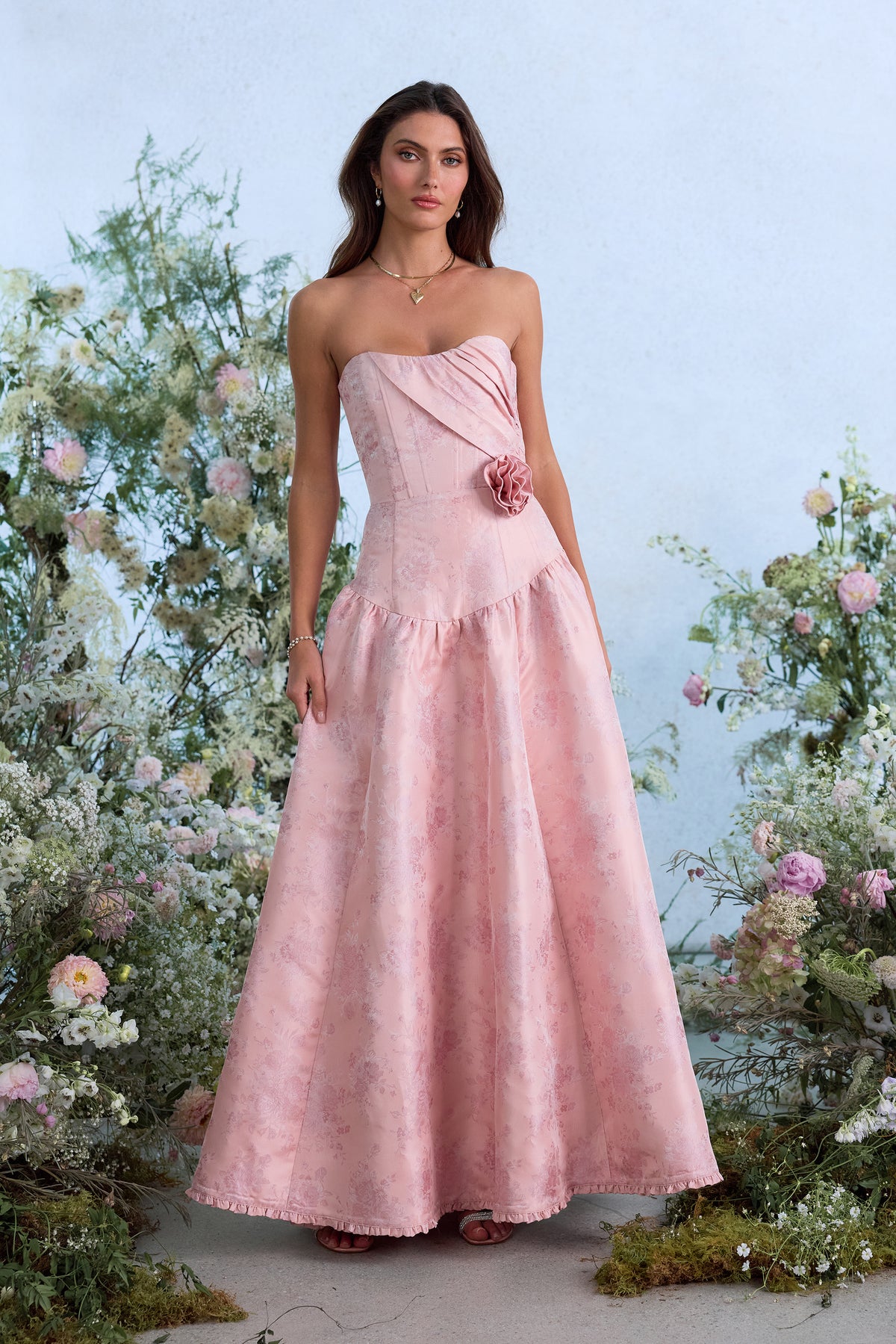 The Rosamund Dress in Light Pink Windsor Brocade