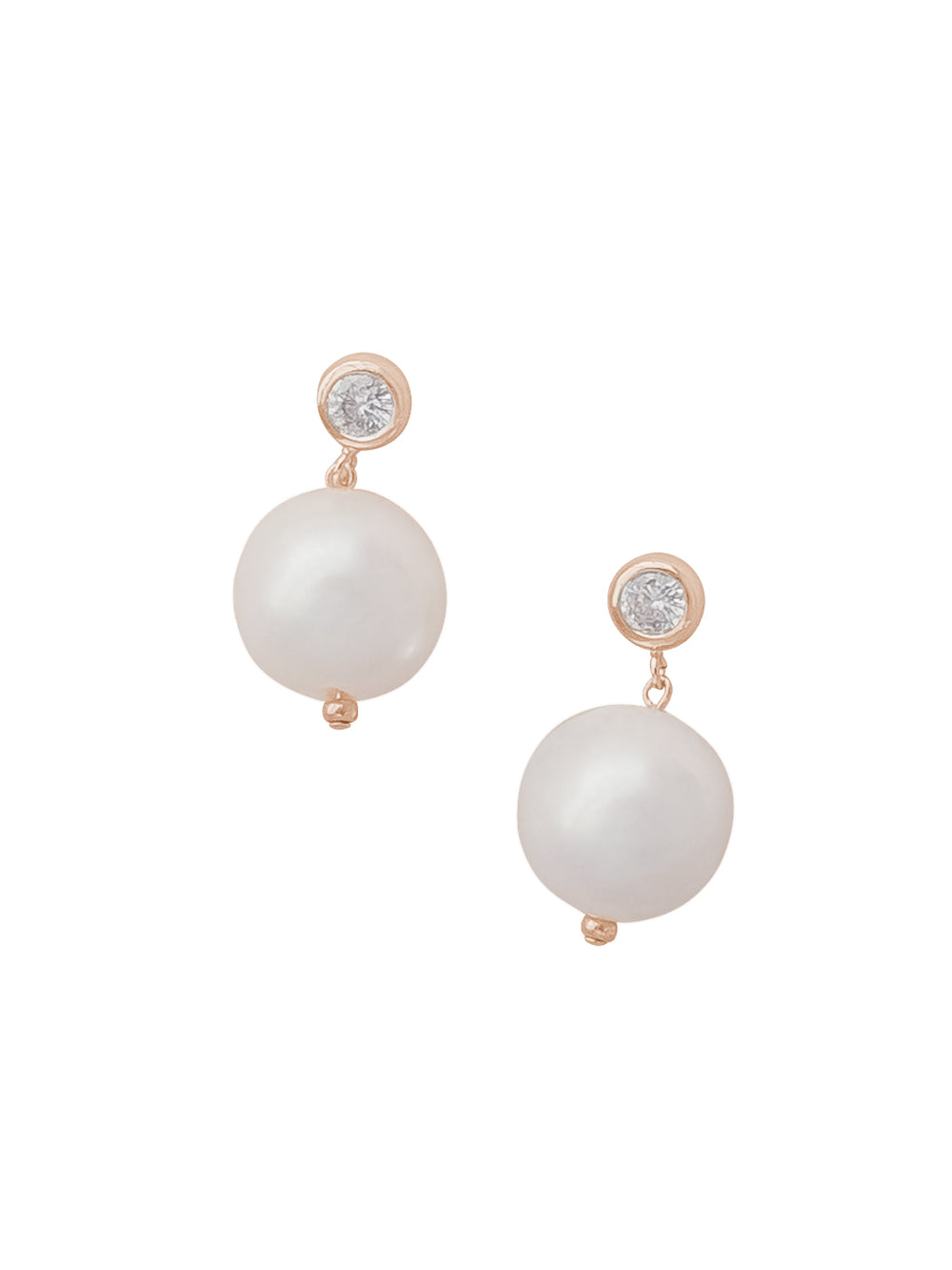 Front view of Rosamund Earrings showing white freshwater pearl drops with gold-plated rhinestone posts on white background