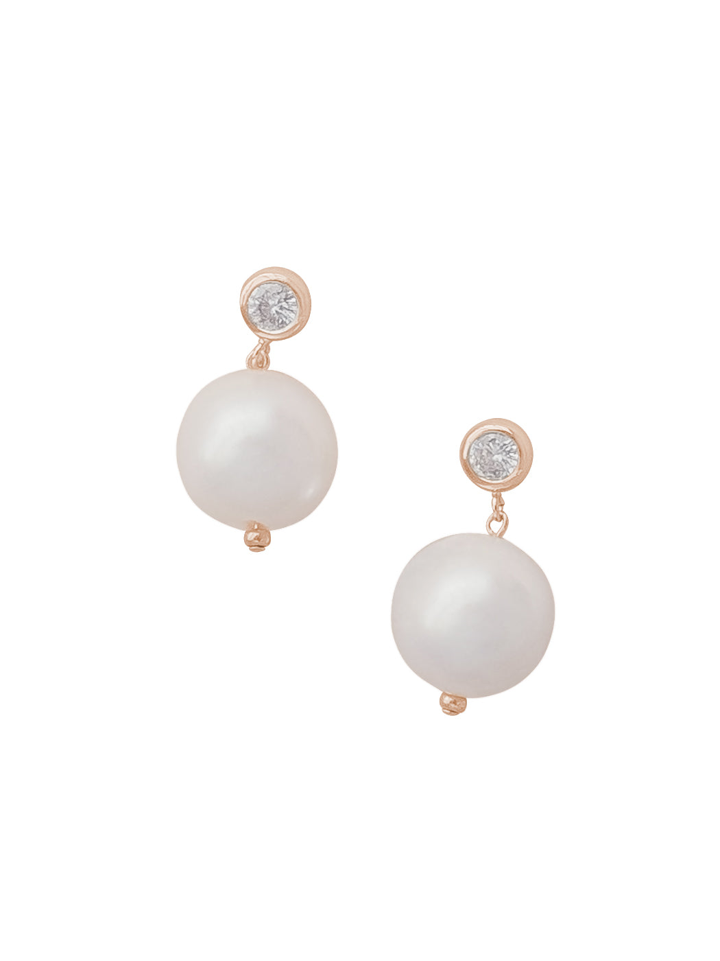Front view of Rosamund Earrings showing white freshwater pearl drops with gold-plated rhinestone posts on white background