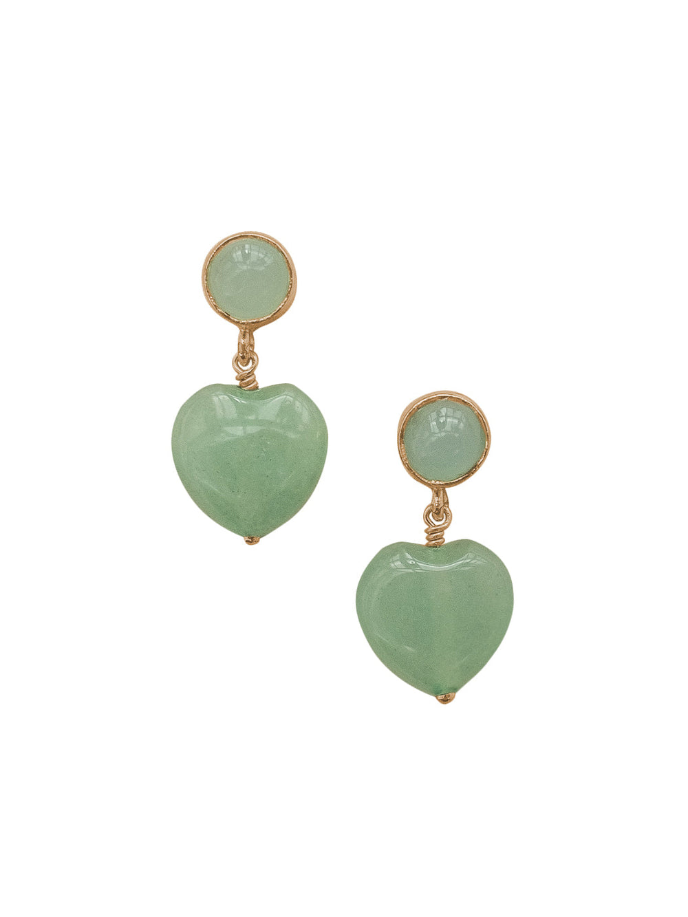 Front view of Rosie Earrings showcasing green heart-shaped jade drops and gold-plated round studs on white background