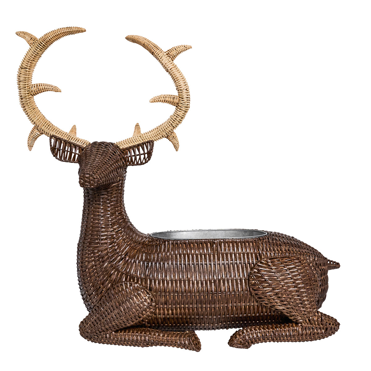 Side view of Devon Willow Stag Party Bucket showcasing woven rattan stag design and interior basin against a white background