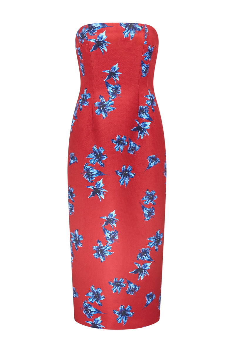 Leila Dress In Red & Blue Festive Lillies Taffeta Faille