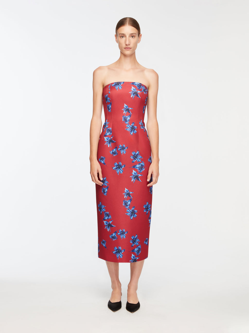 Leila Dress In Red & Blue Festive Lillies Taffeta Faille