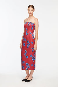 Leila Dress In Red & Blue Festive Lillies Taffeta Faille