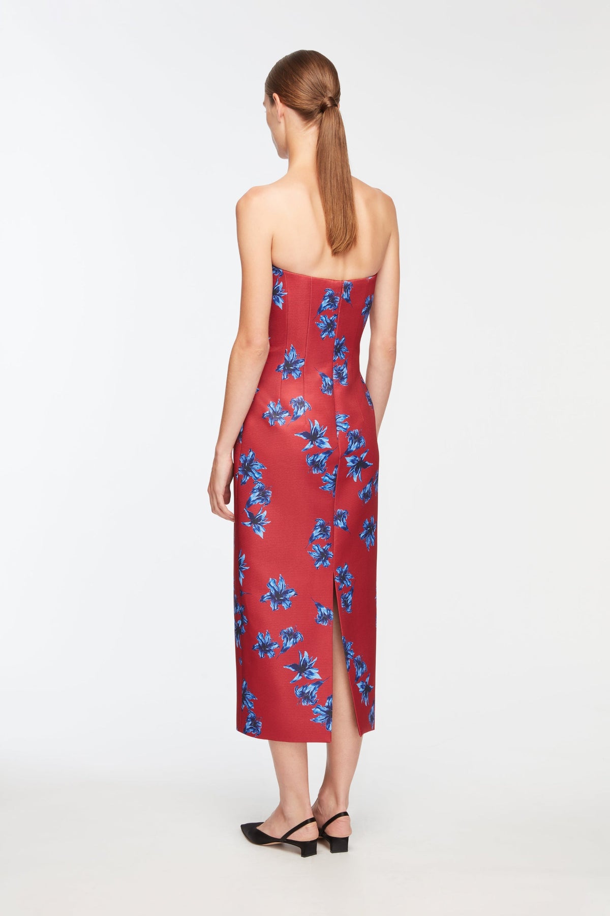 Leila Dress In Red & Blue Festive Lillies Taffeta Faille