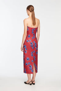 Leila Dress In Red & Blue Festive Lillies Taffeta Faille