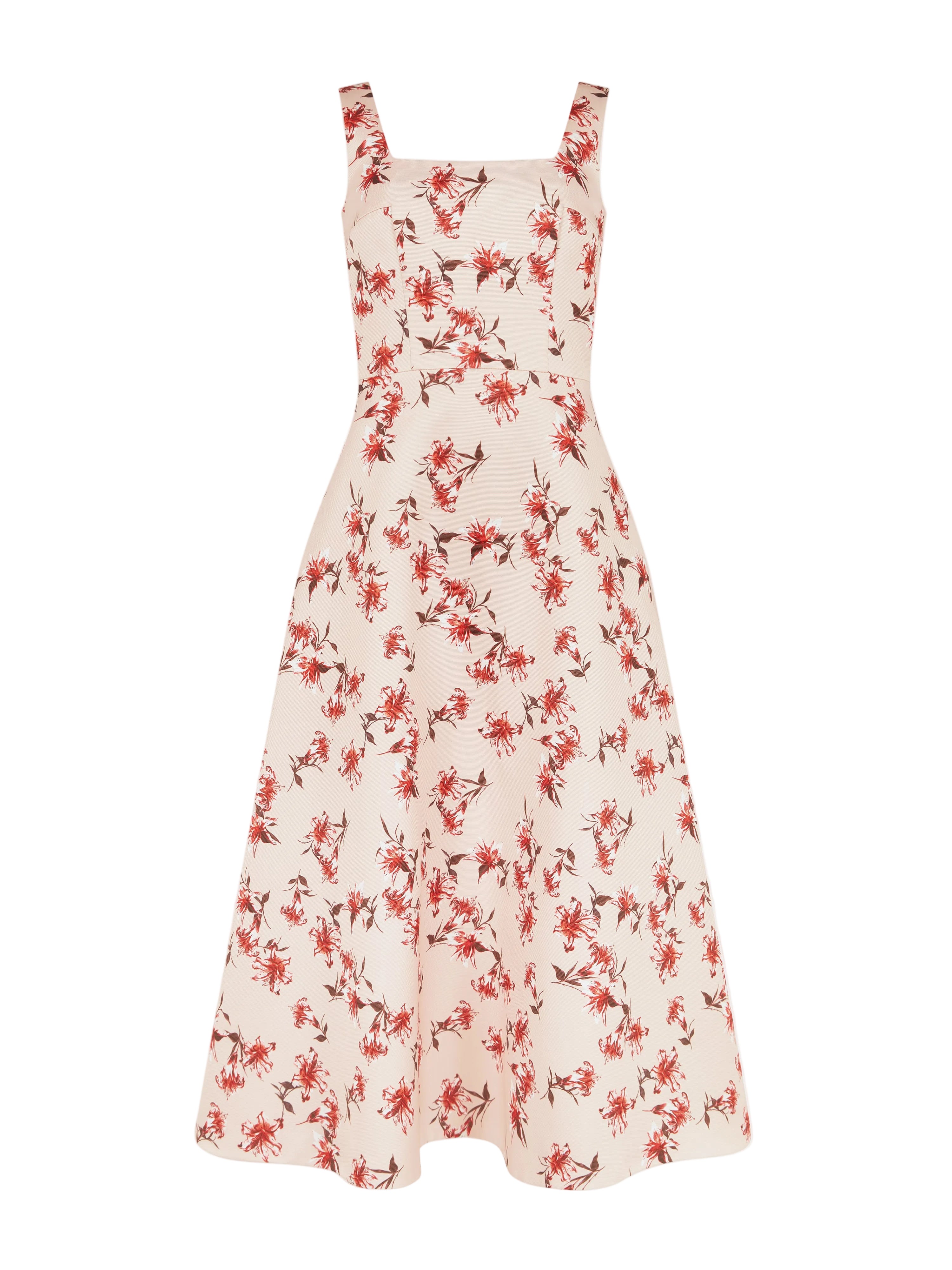 Shiloh Dress In Red Summer Lillies On Pink Taffeta Faille