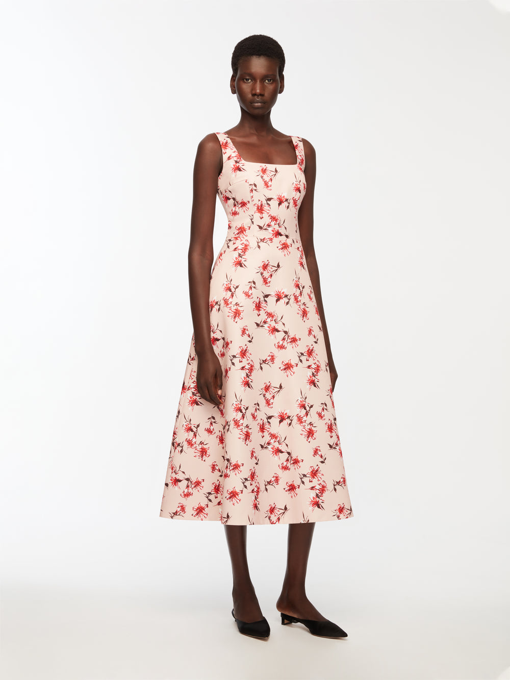Shiloh Dress In Red Summer Lillies On Pink Taffeta Faille