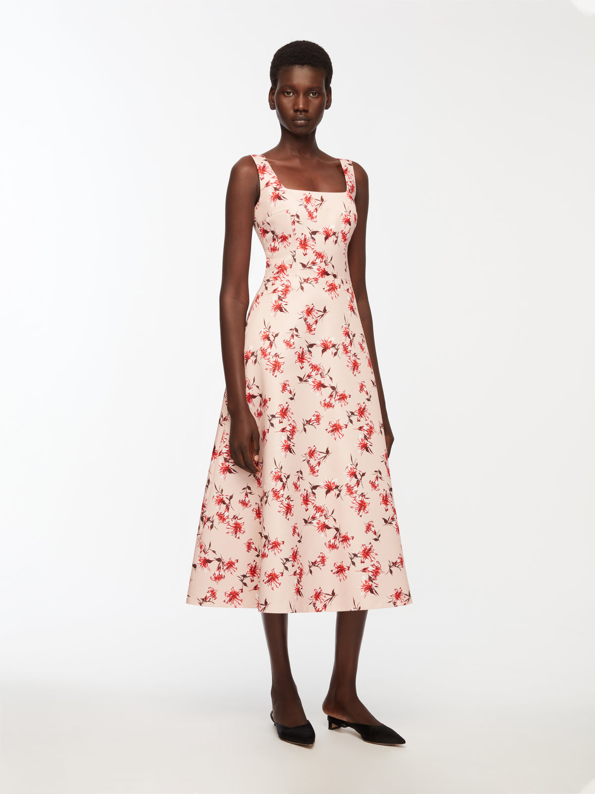 Shiloh Dress In Red Summer Lillies On Pink Taffeta Faille