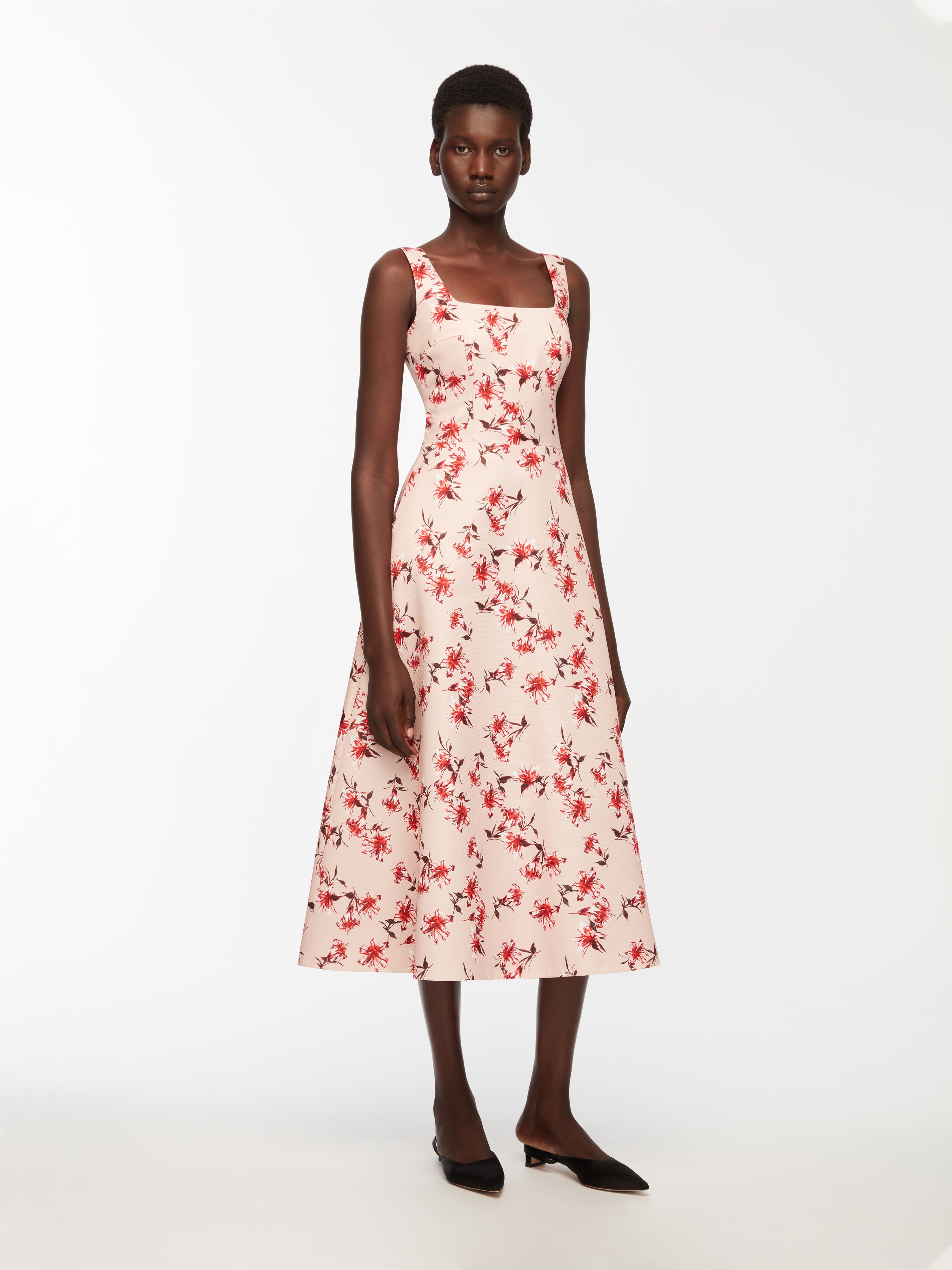 Shiloh Dress In Red Summer Lillies On Pink Taffeta Faille