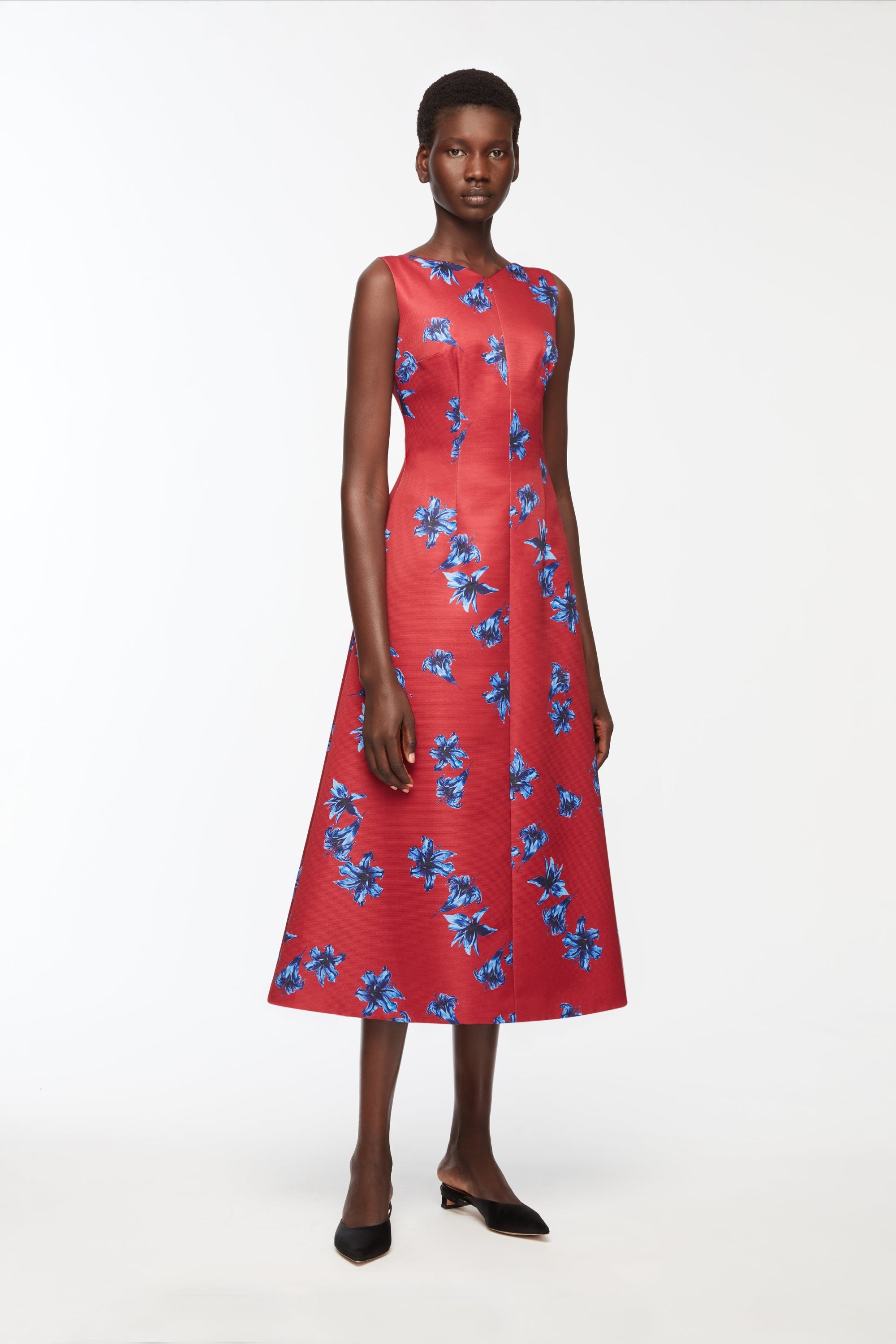Octavie Dress In Red & Blue Festive Lillies Taffeta Faille