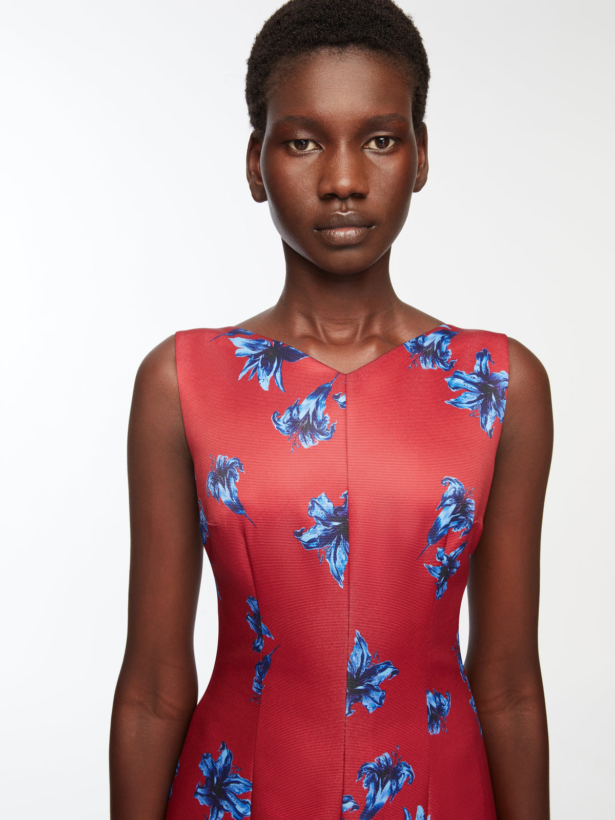 Octavie Dress In Red & Blue Festive Lillies Taffeta Faille