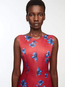 Octavie Dress In Red & Blue Festive Lillies Taffeta Faille