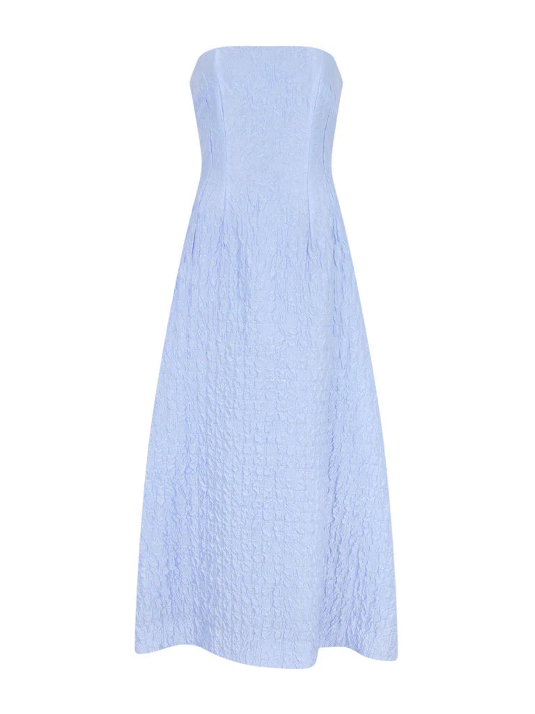 Front view of Jenn Dress in Baby Blue Seersucker showcasing strapless neckline and textured seersucker fabric with white background