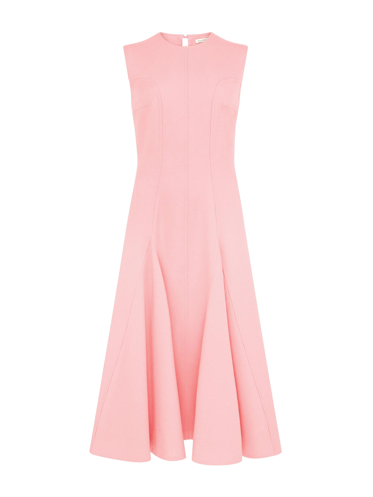 Front view of Benicia Dress in Pink Sorbet Single Wool Crepe showcasing panelled bodice and godet skirt with white background