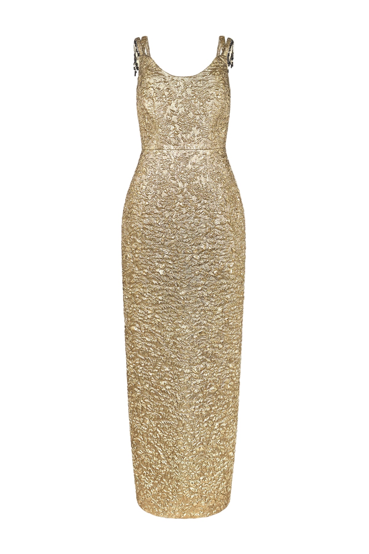 Front view of Morphita dress showcasing scoop neckline, embellished shoulder straps and gold double-warp floral texture