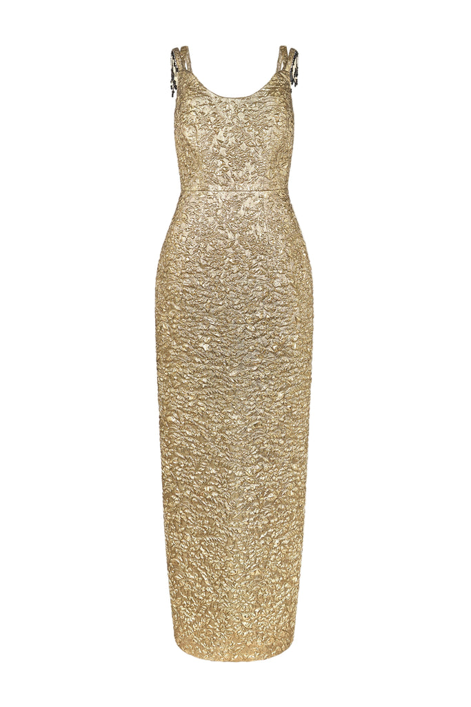 Morphita Dress In Gold Double Warp Floral