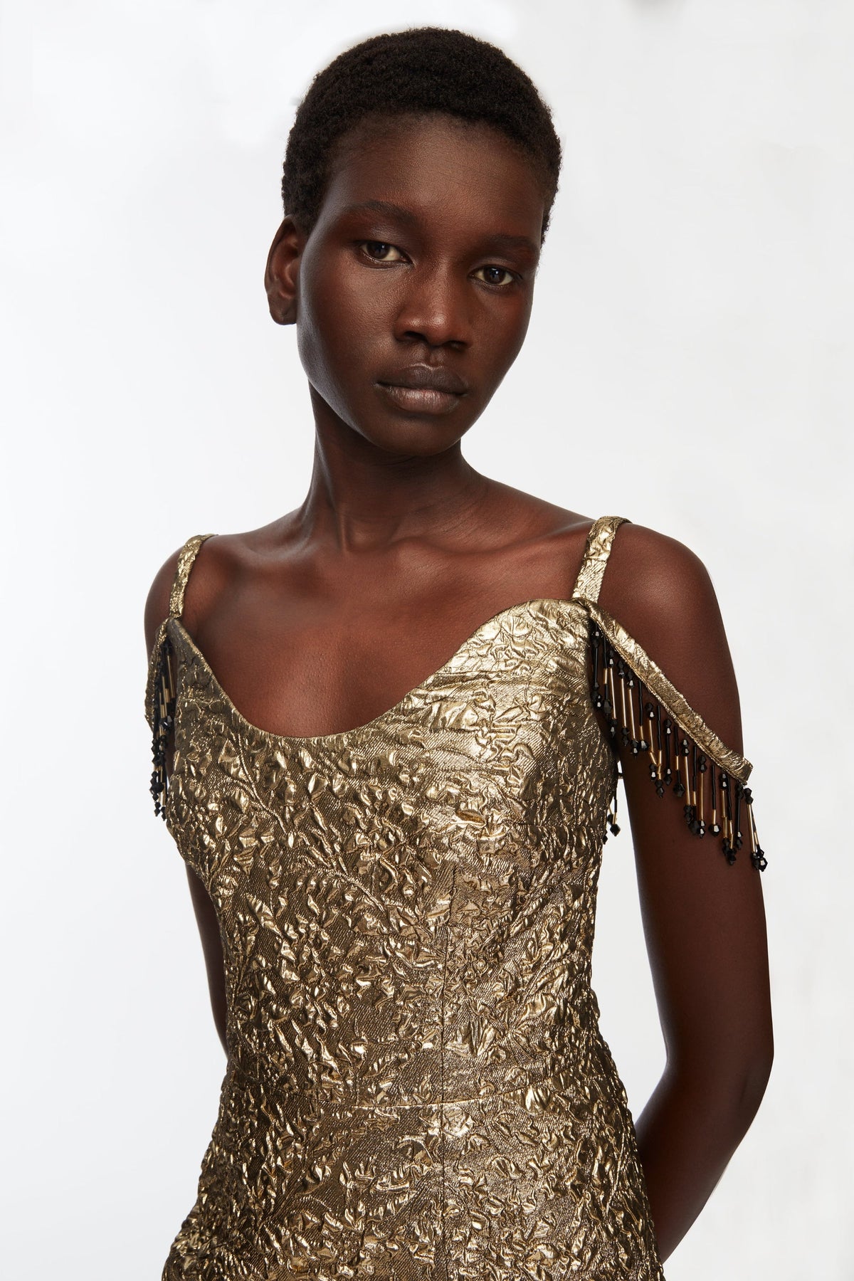 Morphita Dress In Gold Double Warp Floral