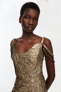 Morphita Dress In Gold Double Warp Floral