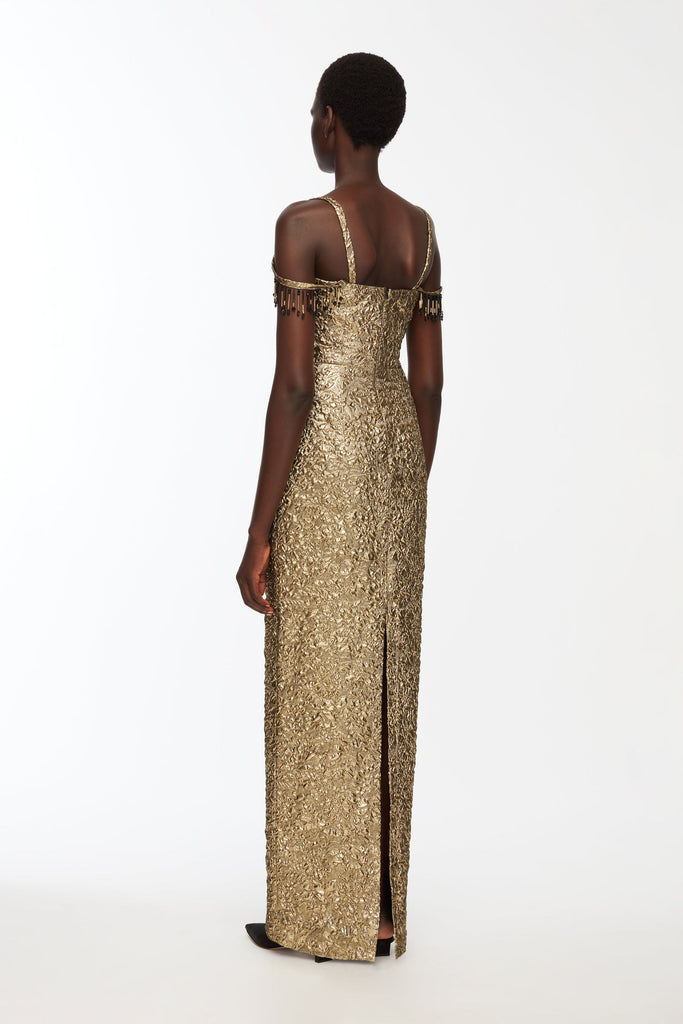 Morphita Dress In Gold Double Warp Floral