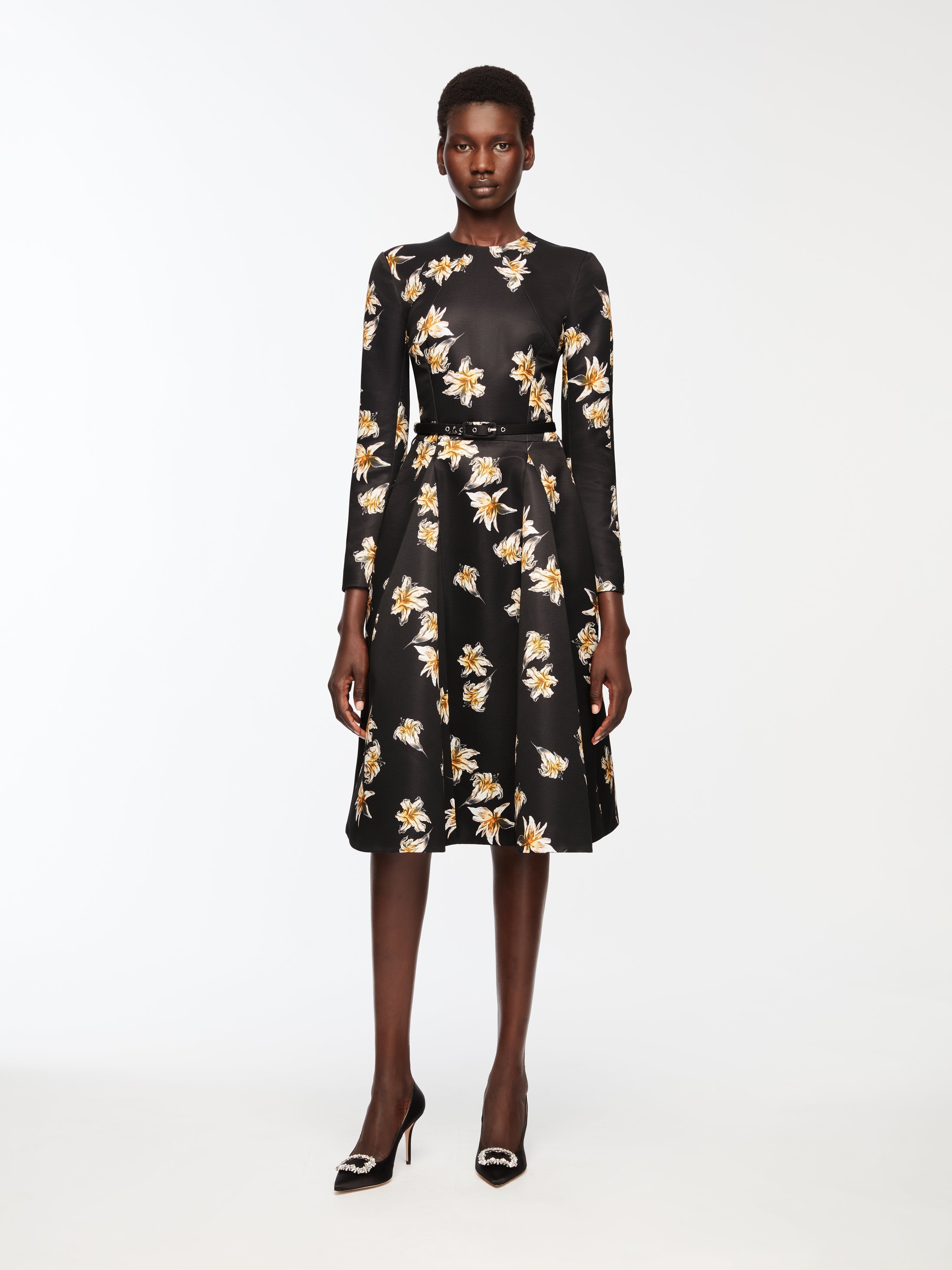 Uccelina Dress In Black & Yellow Festive Lillies Taffeta Faille