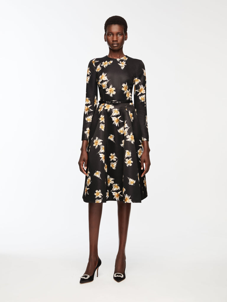 Uccelina Dress In Black & Yellow Festive Lillies Taffeta Faille