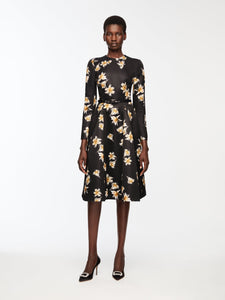 Uccelina Dress In Black & Yellow Festive Lillies Taffeta Faille