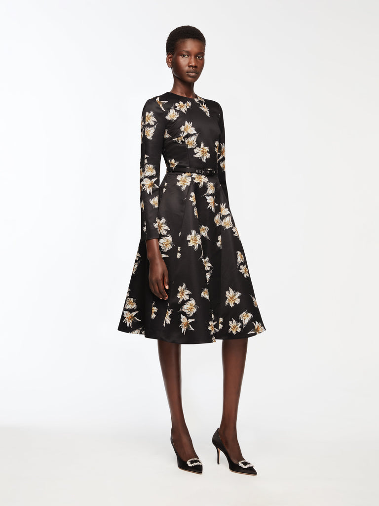 Uccelina Dress In Black & Yellow Festive Lillies Taffeta Faille