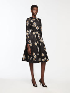 Uccelina Dress In Black & Yellow Festive Lillies Taffeta Faille