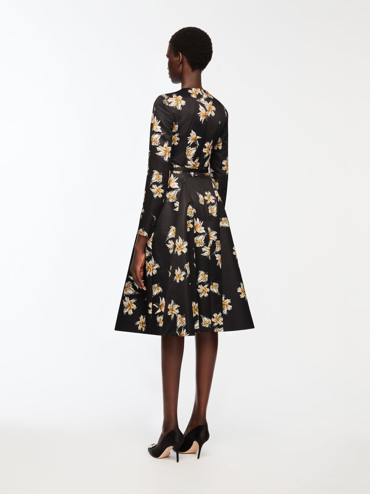 Uccelina Dress In Black & Yellow Festive Lillies Taffeta Faille