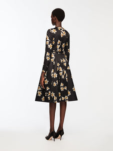 Uccelina Dress In Black & Yellow Festive Lillies Taffeta Faille