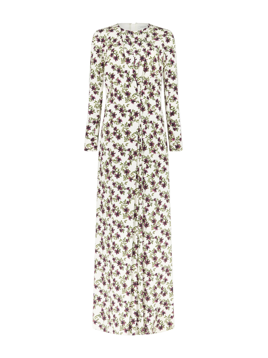 Silverio Dress In Purple & Olive Lillies On Ivory Silk Crepe De Chine