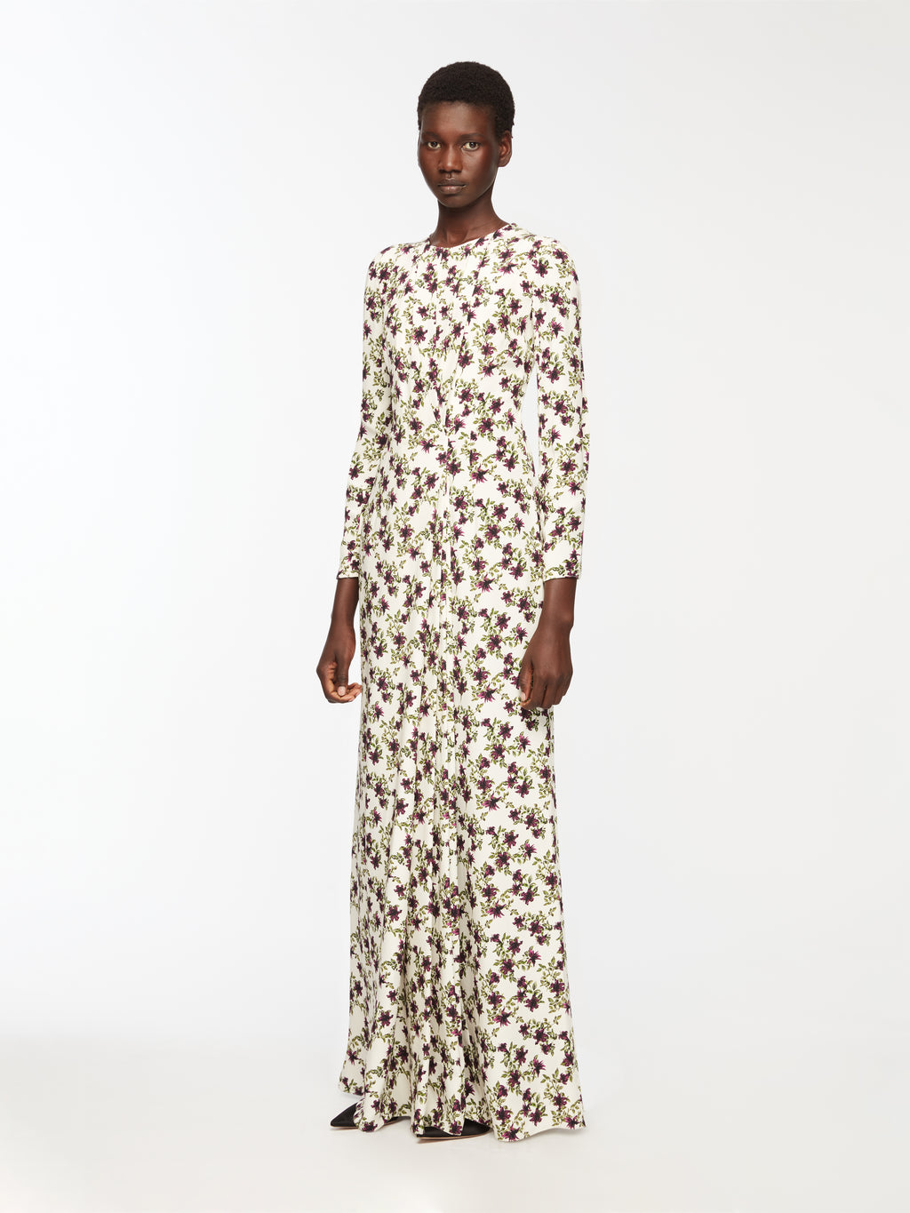 Silverio Dress In Purple & Olive Lillies On Ivory Silk Crepe De Chine