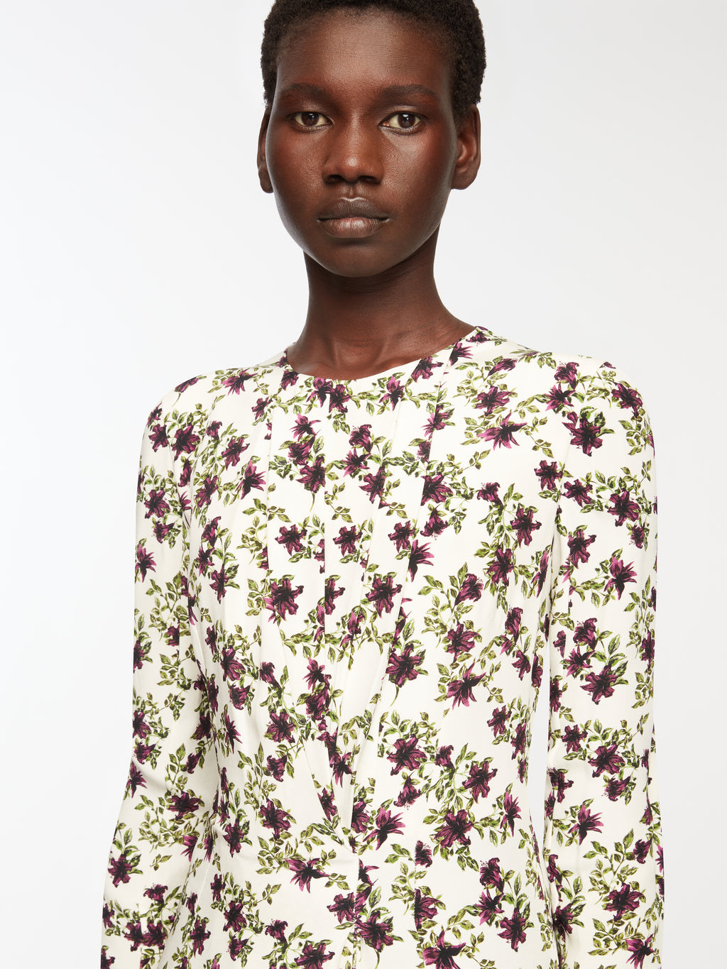 Silverio Dress In Purple & Olive Lillies On Ivory Silk Crepe De Chine