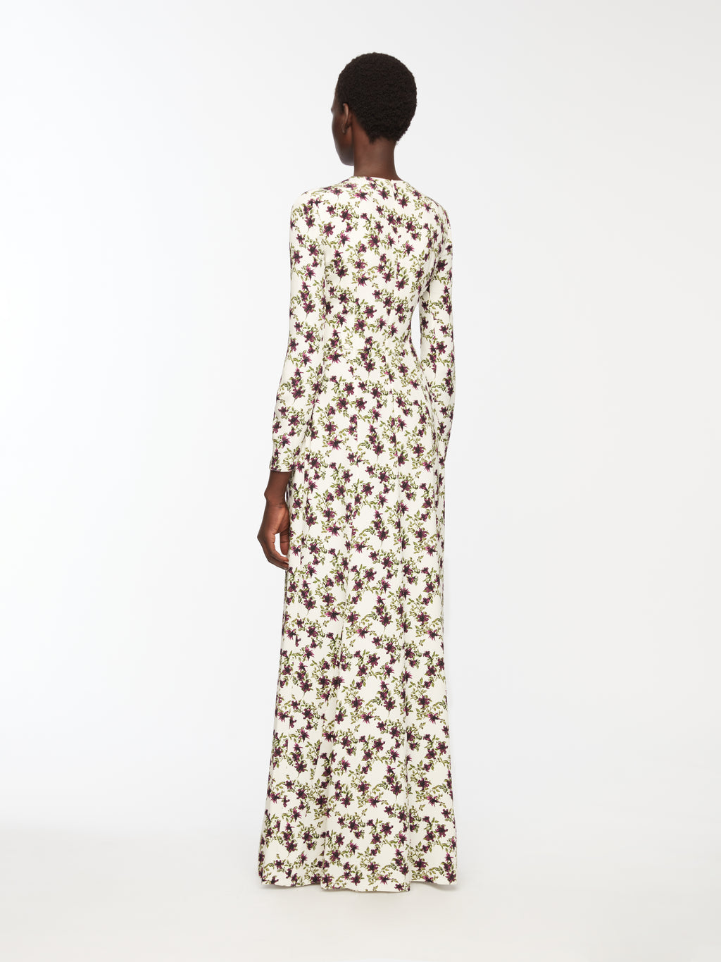 Silverio Dress In Purple & Olive Lillies On Ivory Silk Crepe De Chine