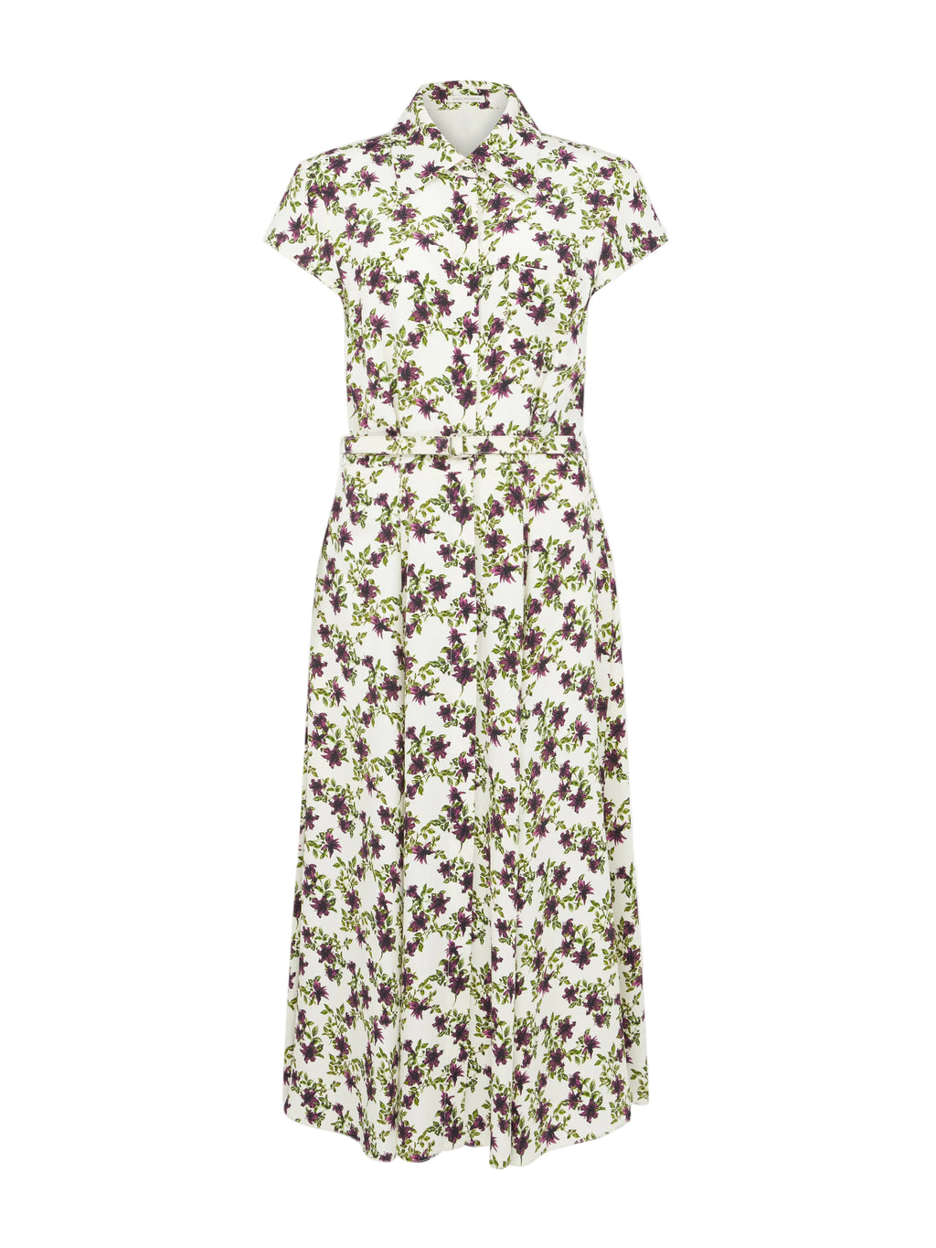 Isabeli Dress In Purple & Olive Lillies On Ivory Silk Crepe De Chine