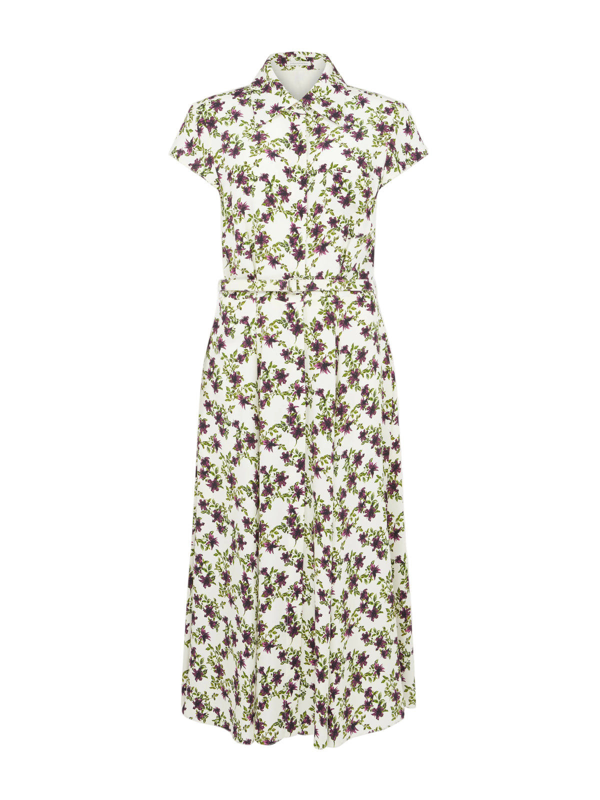 Isabeli Dress In Purple & Olive Lillies On Ivory Silk Crepe De Chine