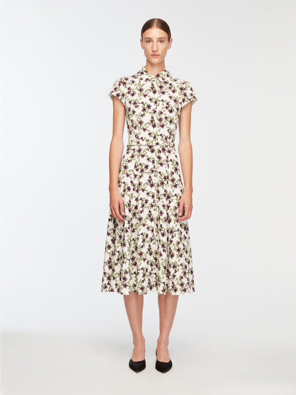 Isabeli Dress In Purple & Olive Lillies On Ivory Silk Crepe De Chine