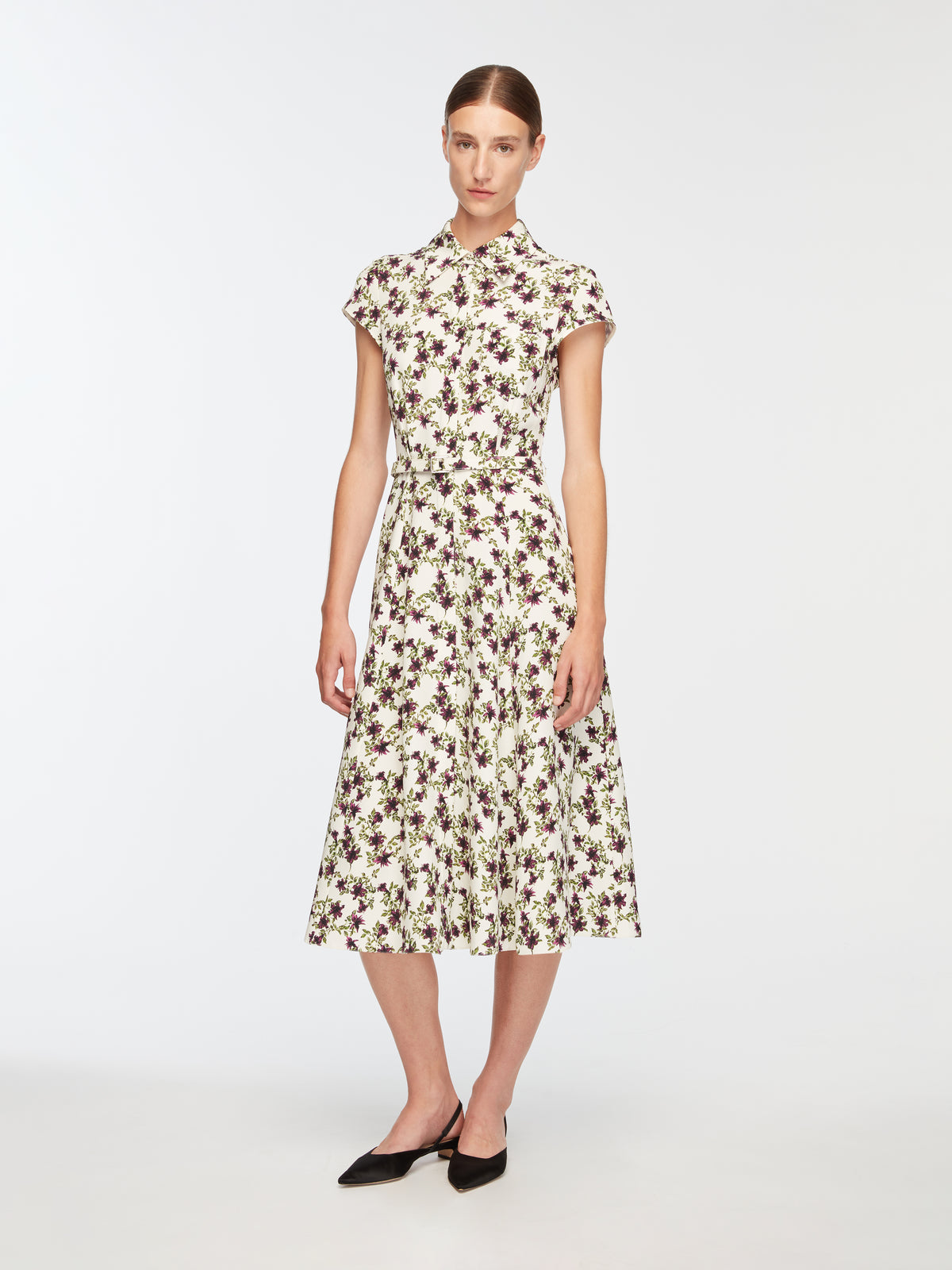 Isabeli Dress In Purple & Olive Lillies On Ivory Silk Crepe De Chine