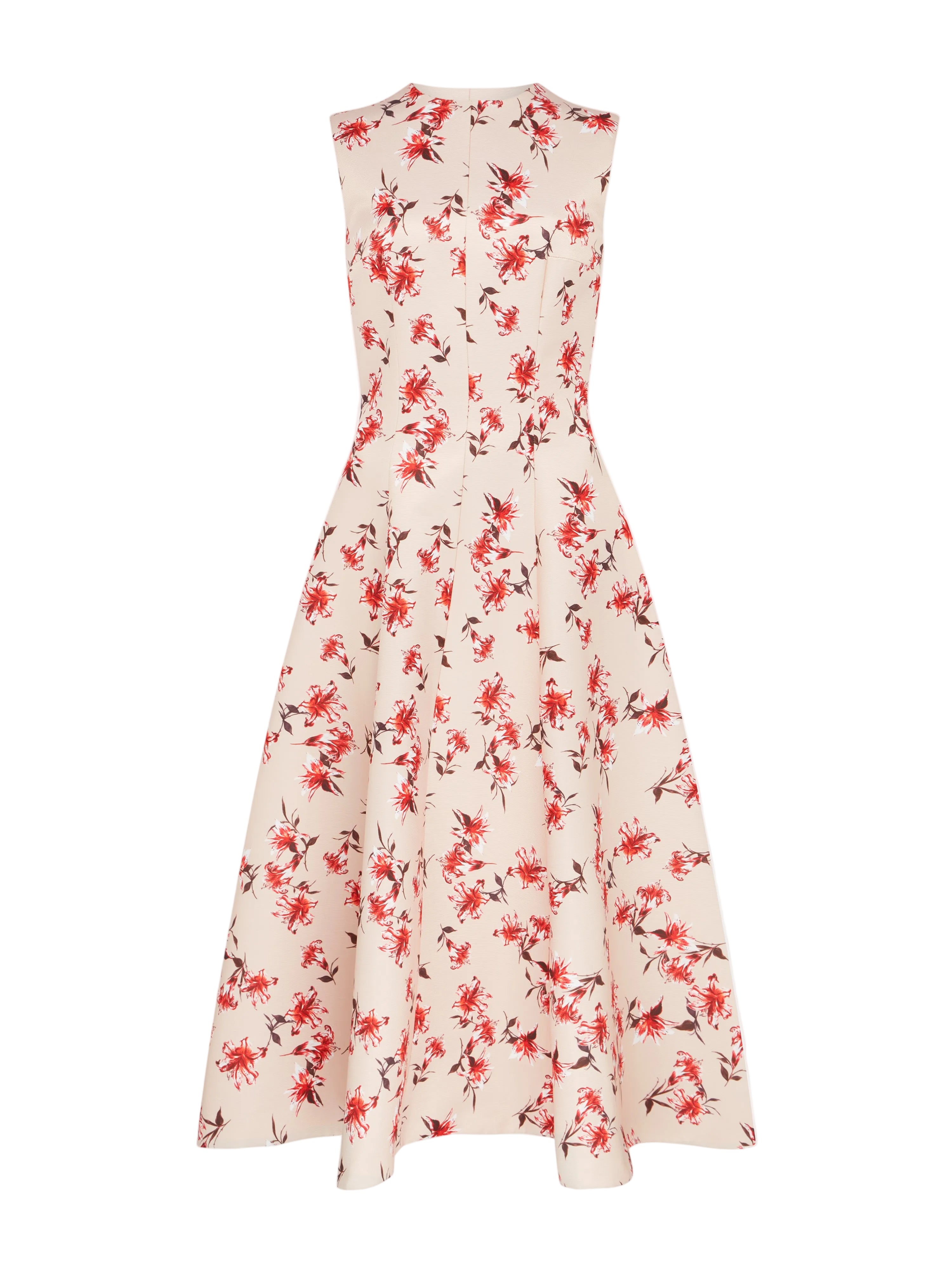 Mara Dress In Red Summer Lillies On Pink Taffeta Faille