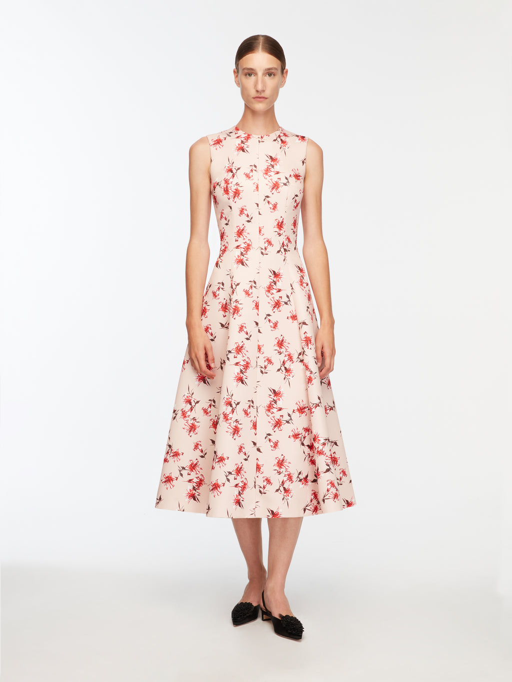 Mara Dress In Red Summer Lillies On Pink Taffeta Faille