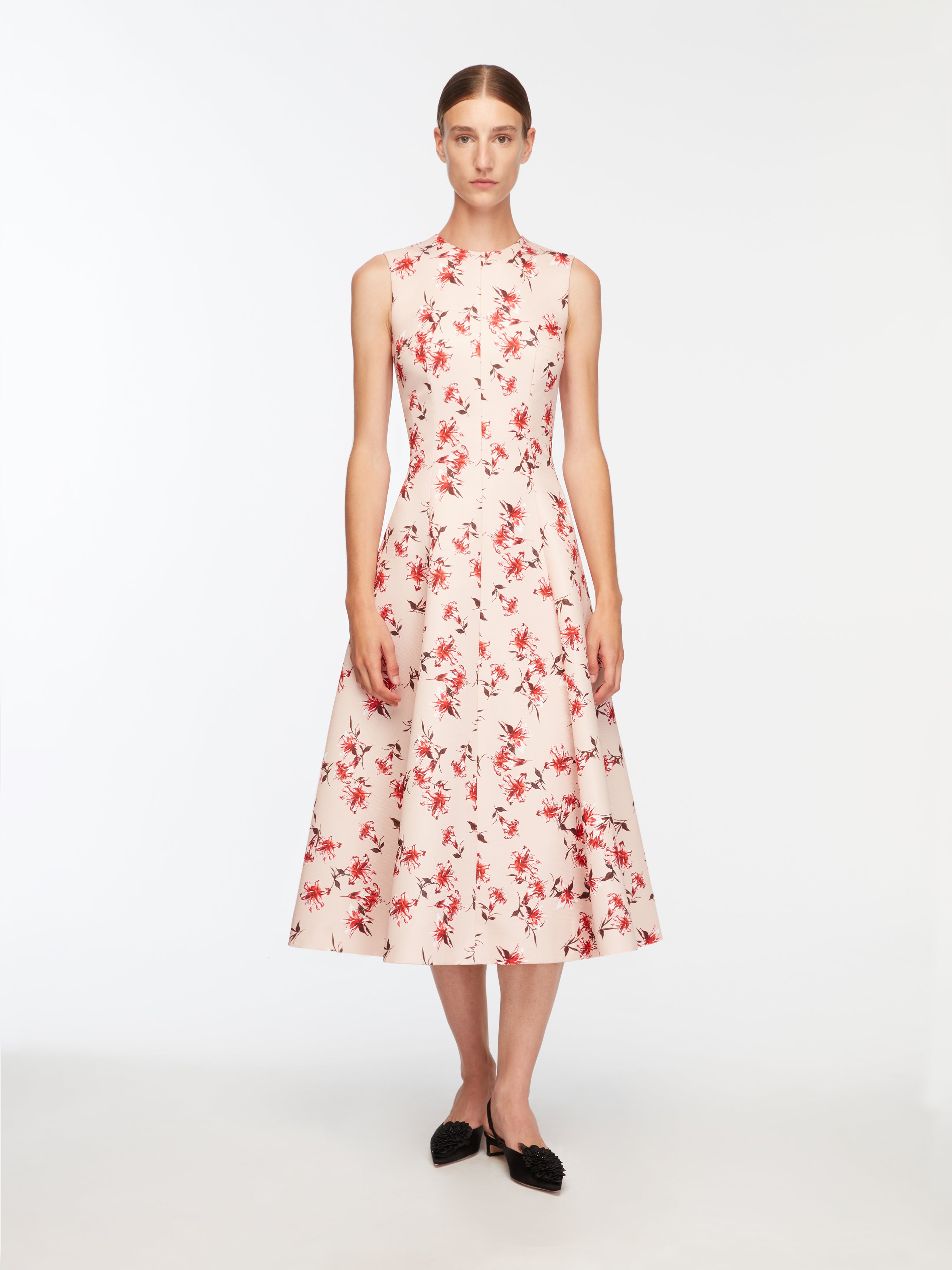 Mara Dress In Red Summer Lillies On Pink Taffeta Faille